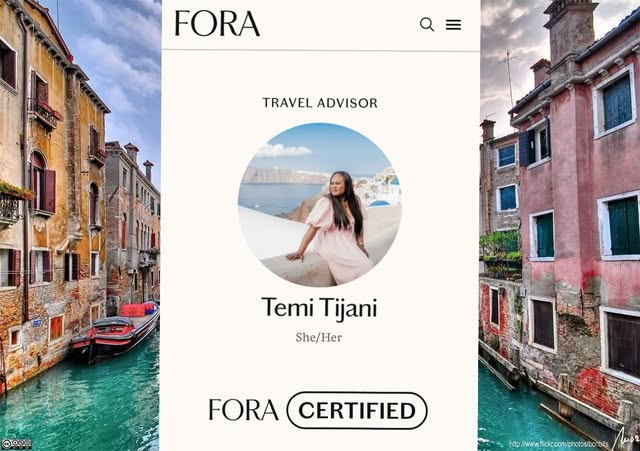 Temi's Fora travel advisor card, framed by photographs of a Venetian canal.