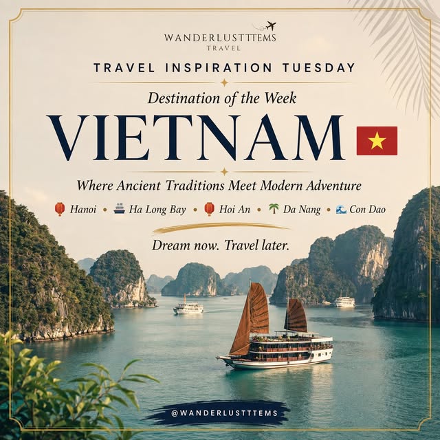 Destination of the Week card for Vietnam, over junk boats in Ha Long Bay.