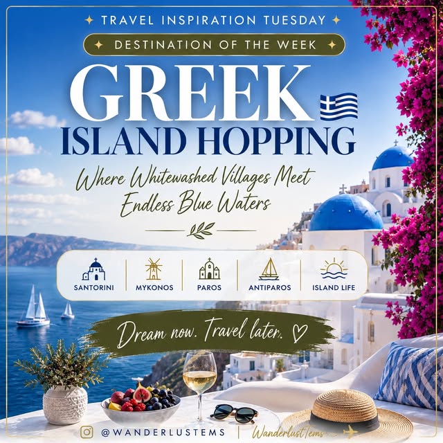 Destination of the Week card for Greek island hopping, with blue domes and bougainvillea.