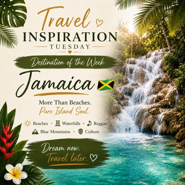 Destination of the Week card for Jamaica, over a tropical waterfall.