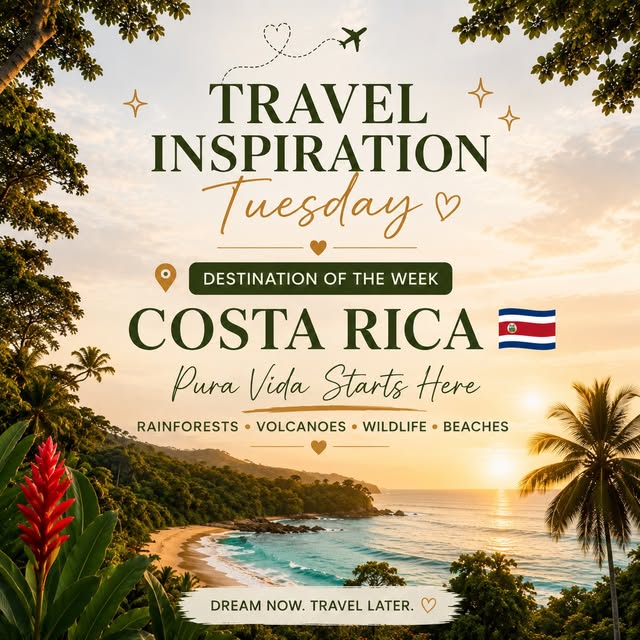 Destination of the Week card for Costa Rica, over a rainforest coastline at sunset.